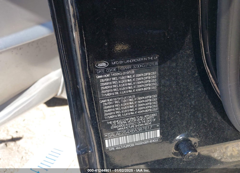 2006 LAND ROVER LR3 V8 SE VIN: SALAE254X6A387617