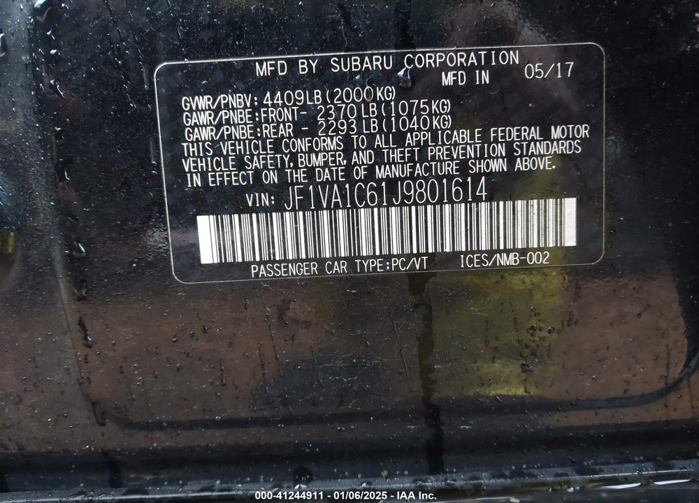 2018 SUBARU WRX VIN: JF1VA1C61J9801614