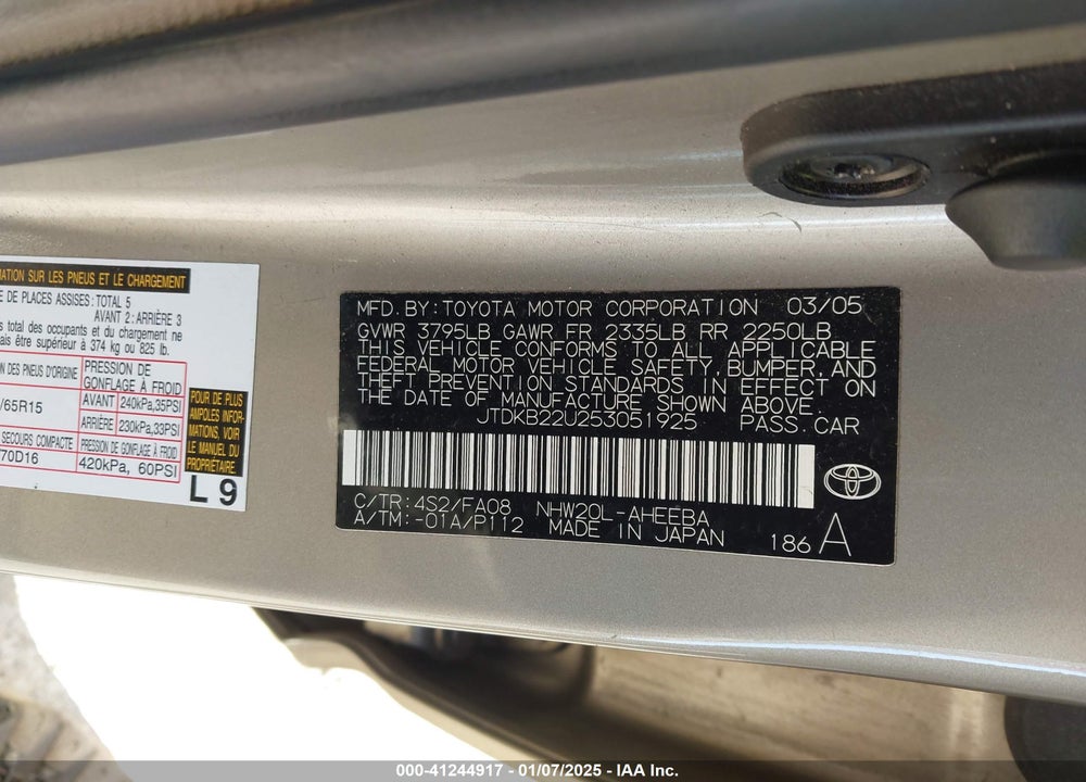 2005 TOYOTA PRIUS VIN: JTDKB22U253051925