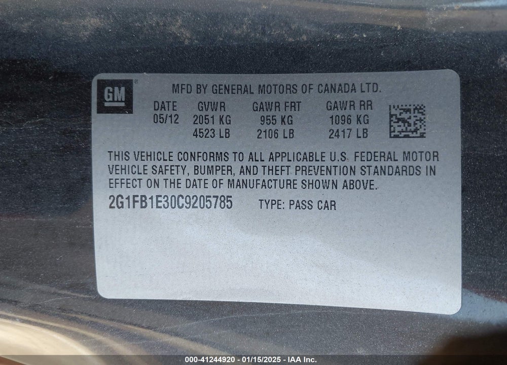 2012 CHEVROLET CAMARO VIN: 2G1FB1E30C9205785