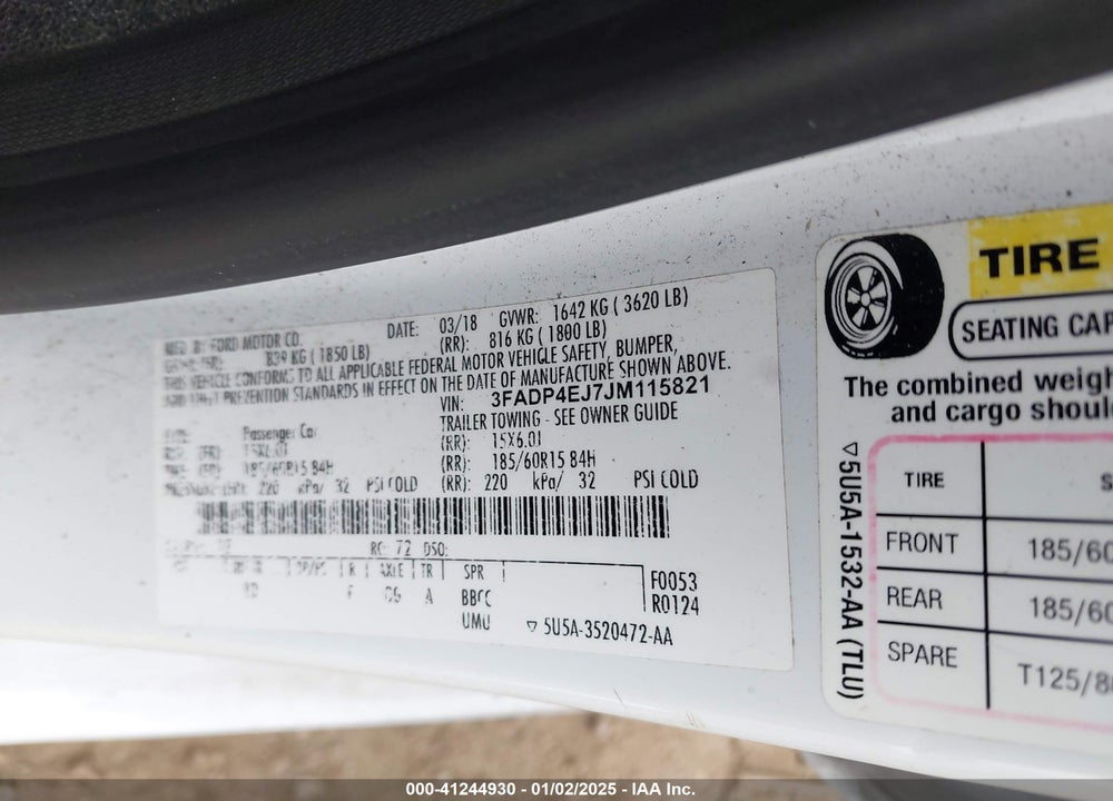 2018 FORD FIESTA SE VIN: 3FADP4EJ7JM115821