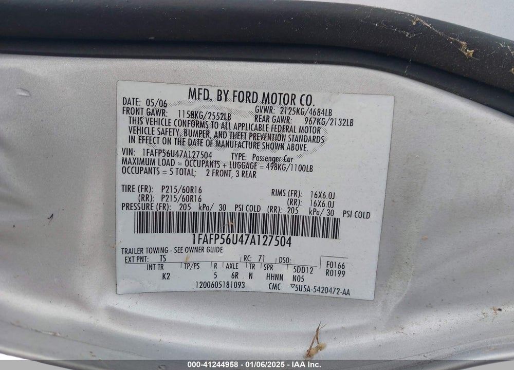 2007 FORD TAURUS SEL VIN: 1FAFP56U47A127504