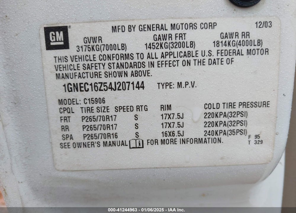 2004 CHEVROLET SUBURBAN 1500 LT VIN: 1GNEC16Z54J207144