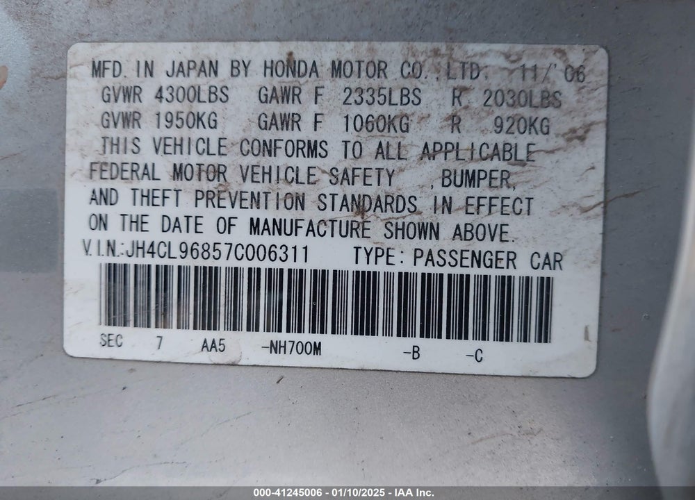 2007 ACURA TSX VIN: JH4CL96857C006311