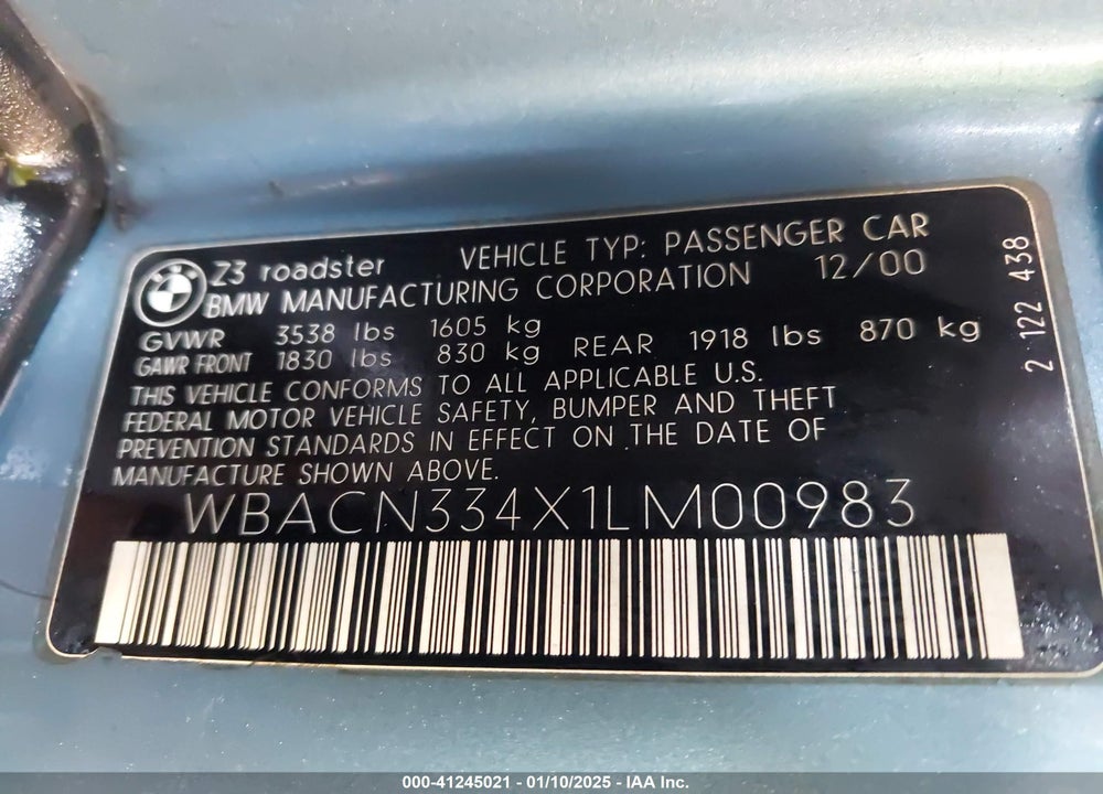 2001 BMW Z3 2.5I VIN: WBACN334X1LM00983