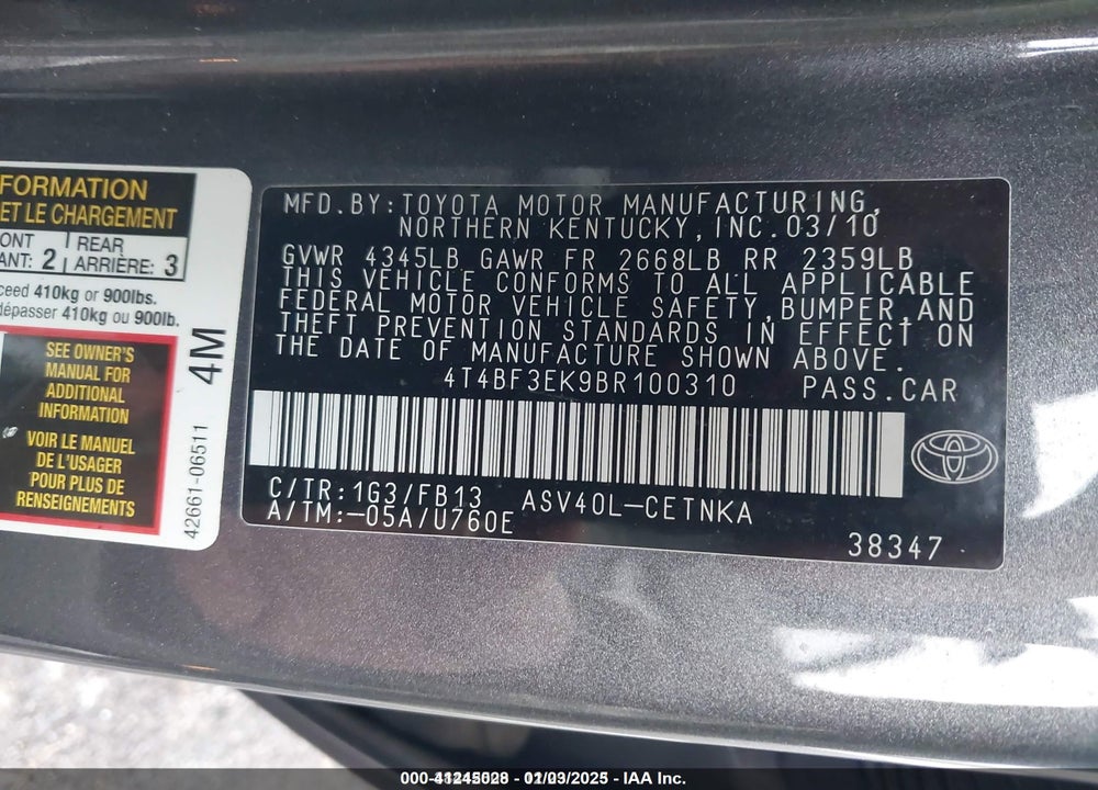 2011 TOYOTA CAMRY VIN: 4T4BF3EK9BR100310