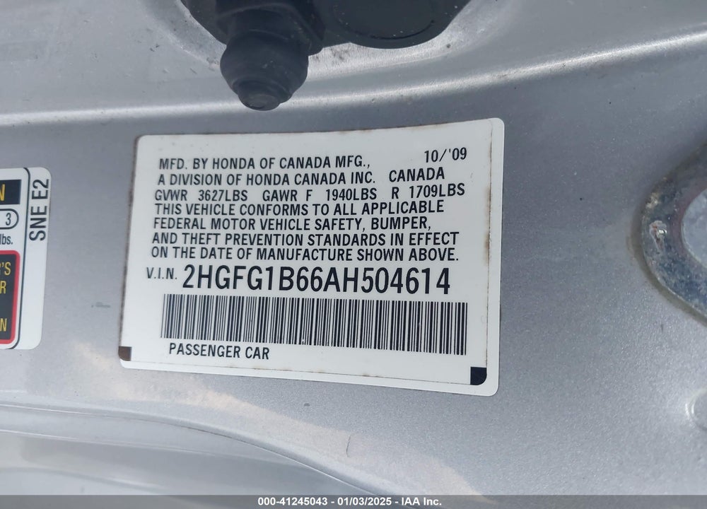 2010 HONDA CIVIC LX VIN: 2HGFG1B66AH504614