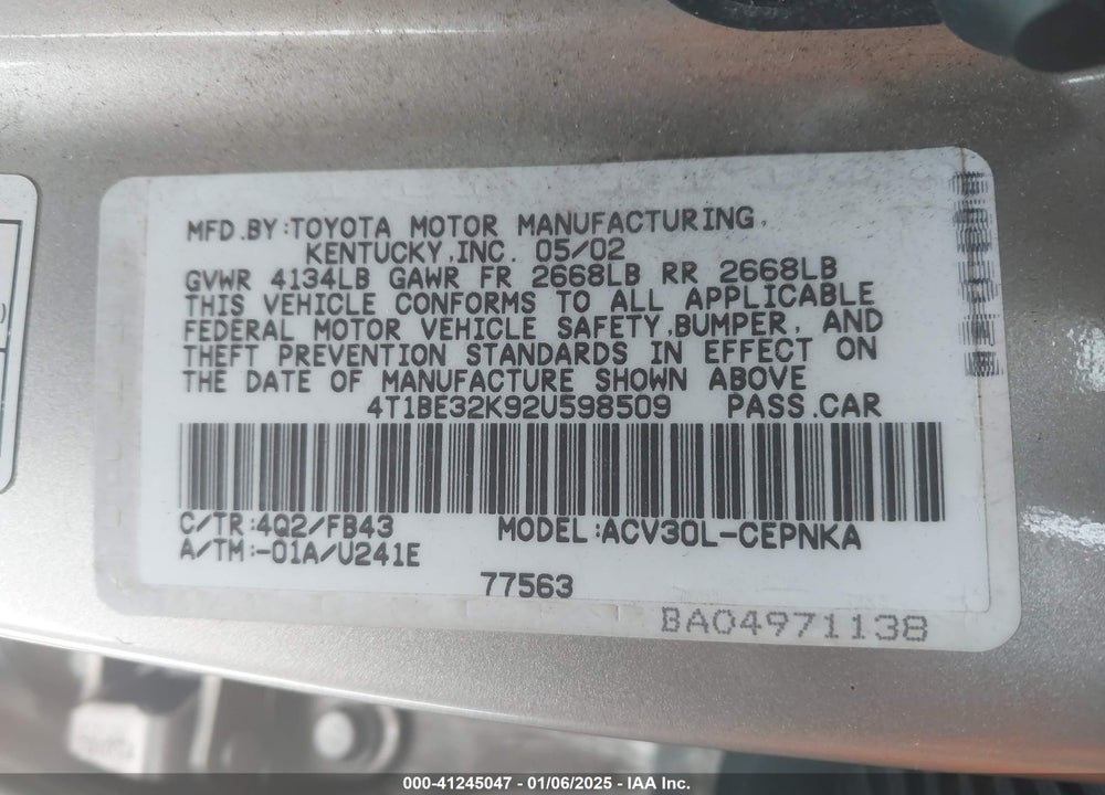 2002 TOYOTA CAMRY LE VIN: 4T1BE32K92U598509