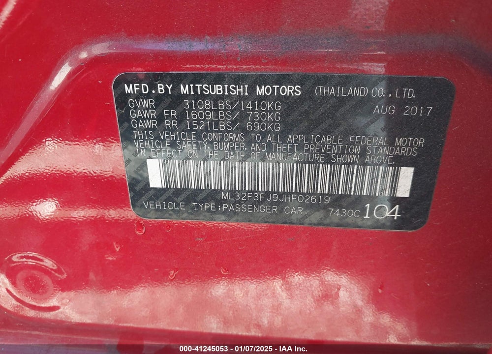 2018 MITSUBISHI MIRAGE G4 VIN: ML32F3FJ9JHF02619