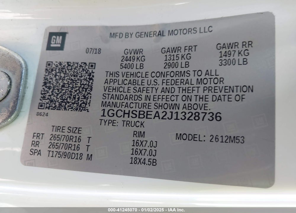 2018 CHEVROLET COLORADO VIN: 1GCHSBEA2J1328736