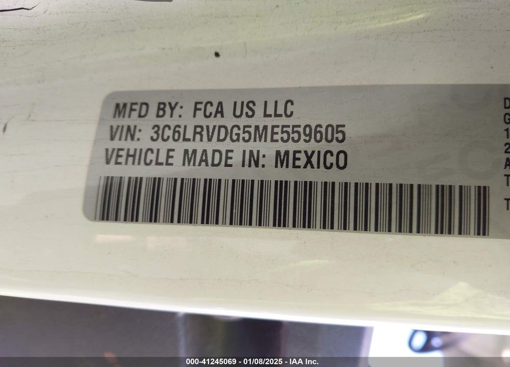 2021 RAM PROMASTER 2500 HIGH ROOF 159 WB VIN: 3C6LRVDG5ME559605