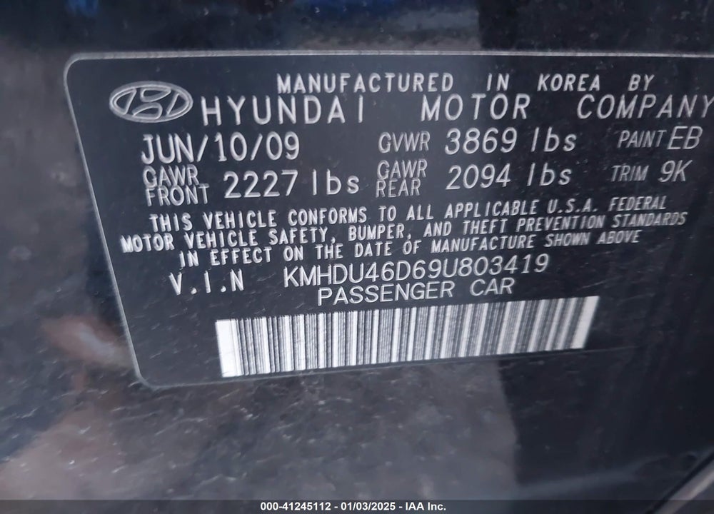 2009 HYUNDAI ELANTRA GLS VIN: KMHDU46D69U803419