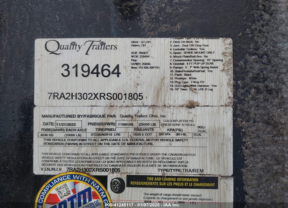 2024 QUALITY 30' GOOSENECK FLATBED VIN: 7RA2H302XRS001805