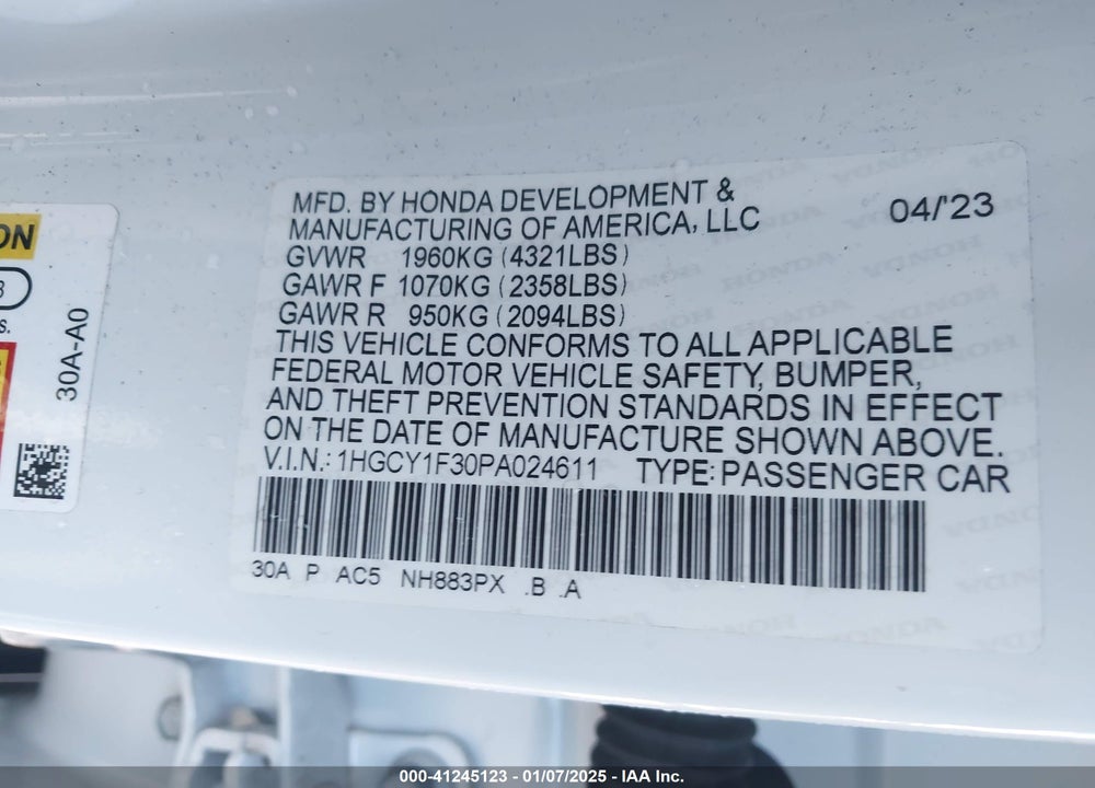 2023 HONDA ACCORD VIN: 1HGCY1F30PA024611