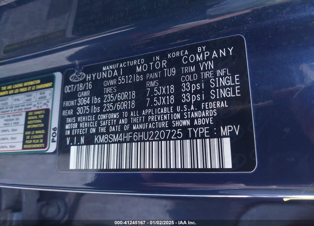 2017 HYUNDAI SANTA FE SE VIN: KM8SM4HF6HU220725