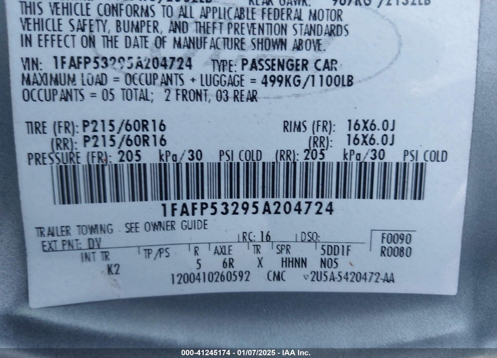 2005 FORD TAURUS SE VIN: 1FAFP53295A204724