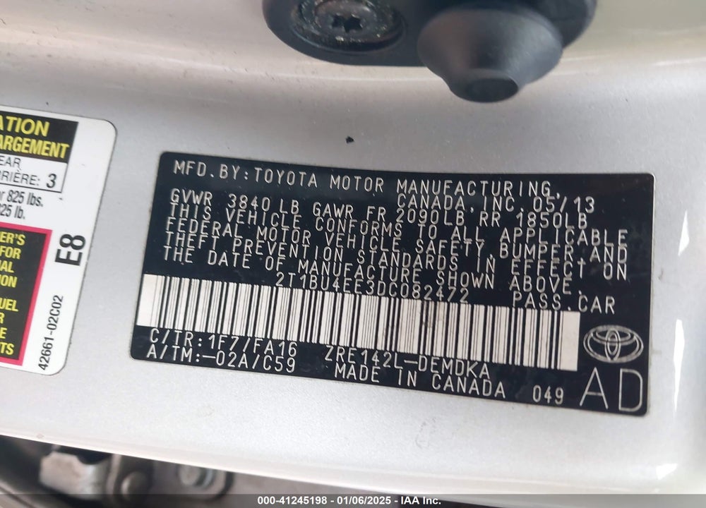 2013 TOYOTA COROLLA L VIN: 2T1BU4EE3DC082472