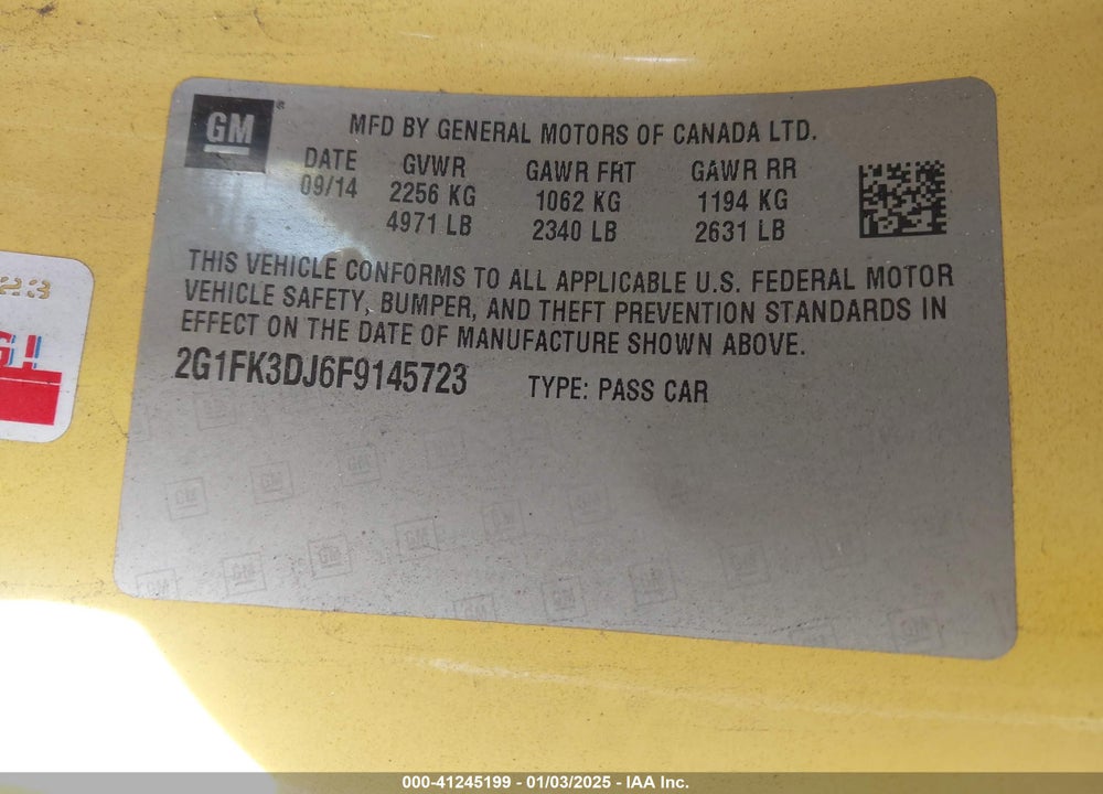 2015 CHEVROLET CAMARO VIN: 2G1FK3DJ6F9145723