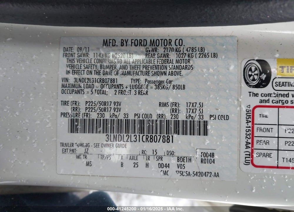 2012 LINCOLN MKZ VIN: 3LNDL2L31CR807881