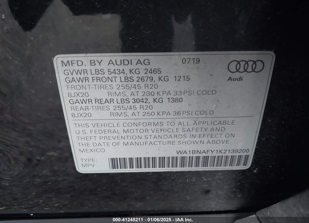 2019 AUDI Q5 45 PREMIUM VIN: WA1BNAFY1K2139200