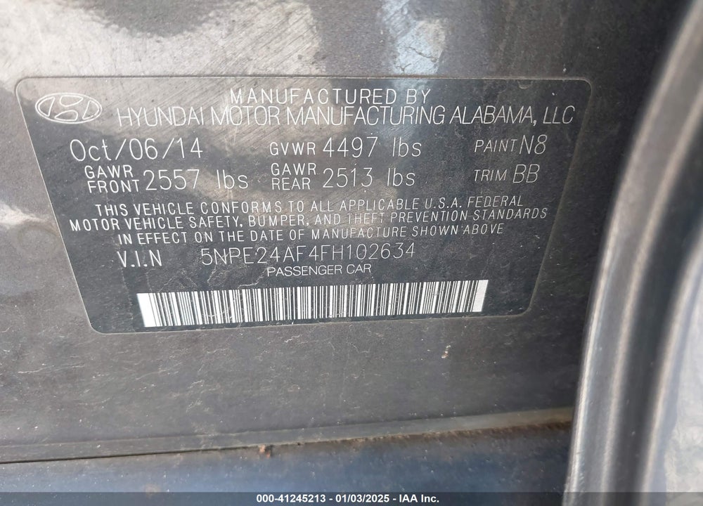 2015 HYUNDAI SONATA VIN: 5NPE24AF4FH102634