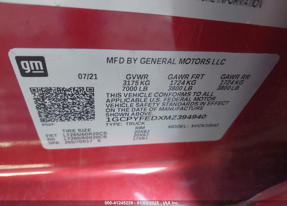 2021 CHEVROLET SILVERADO 1500 VIN: 1GCPYFEDXMZ394940