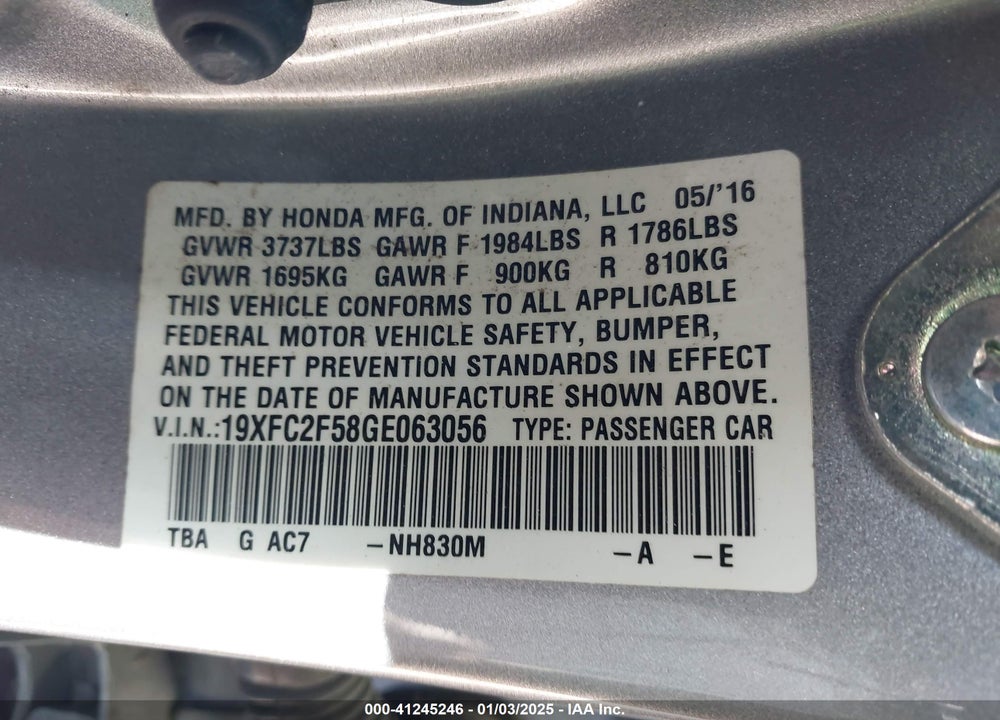 2016 HONDA CIVIC LX VIN: 19XFC2F58GE063056