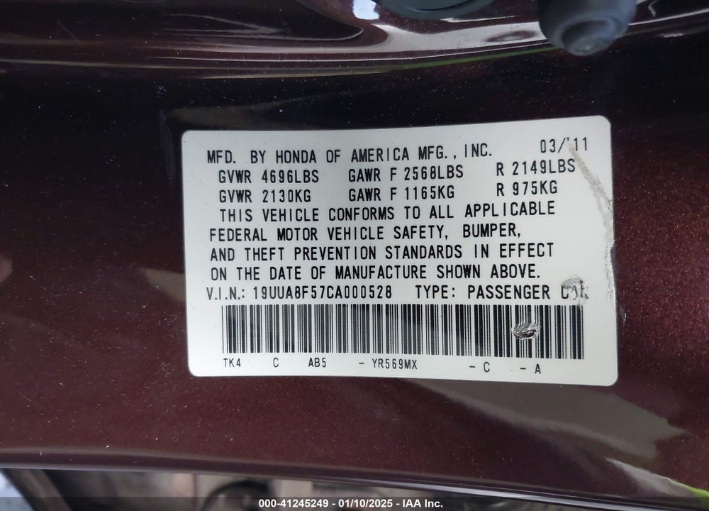 2012 ACURA TL 3.5 VIN: 19UUA8F57CA000528