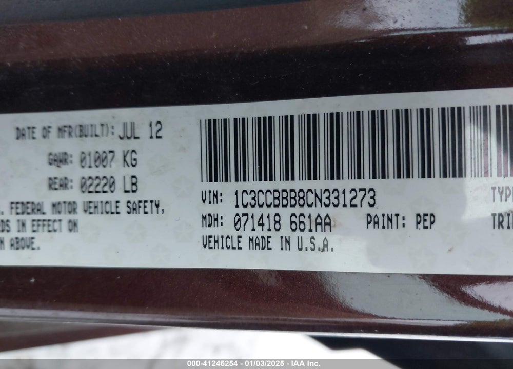 2012 CHRYSLER 200 TOURING VIN: 1C3CCBBB8CN331273
