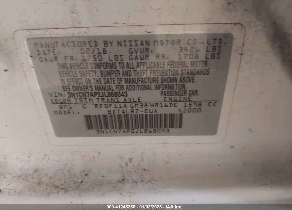 2018 NISSAN VERSA VIN: 3N1CN7AP2JL868043