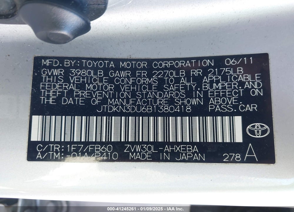 2011 TOYOTA PRIUS TWO VIN: JTDKN3DU6B1380418