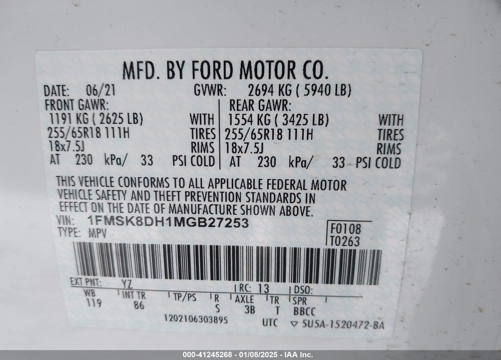2021 FORD EXPLORER XLT VIN: 1FMSK8DH1MGB27253