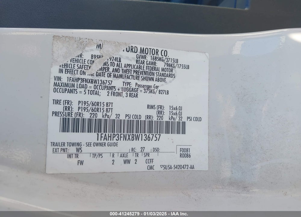 2011 FORD FOCUS SE VIN: 1FAHP3FNXBW136757