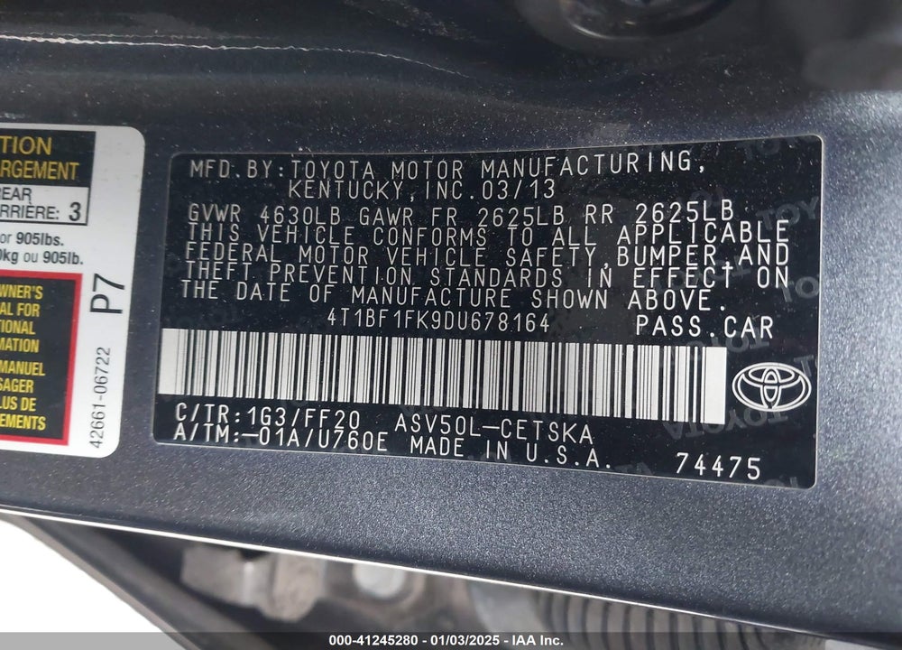 2013 TOYOTA CAMRY VIN: 4T1BF1FK9DU678164