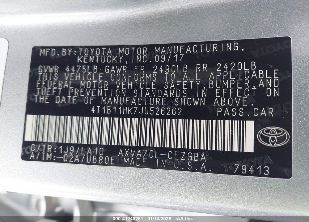 2018 TOYOTA CAMRY L/LE/XLE/SE/XSE VIN: 4T1B11HK7JU526262