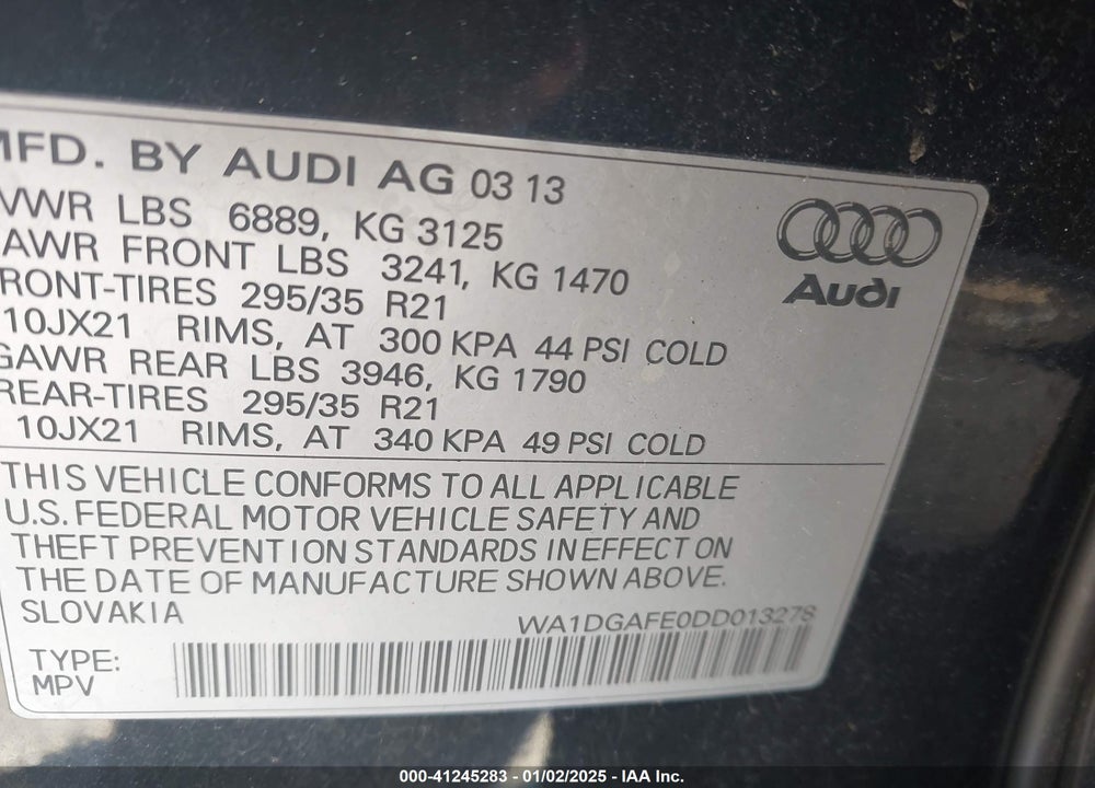 2013 AUDI Q7 3.0T S LINE PRESTIGE VIN: WA1DGAFE0DD013278