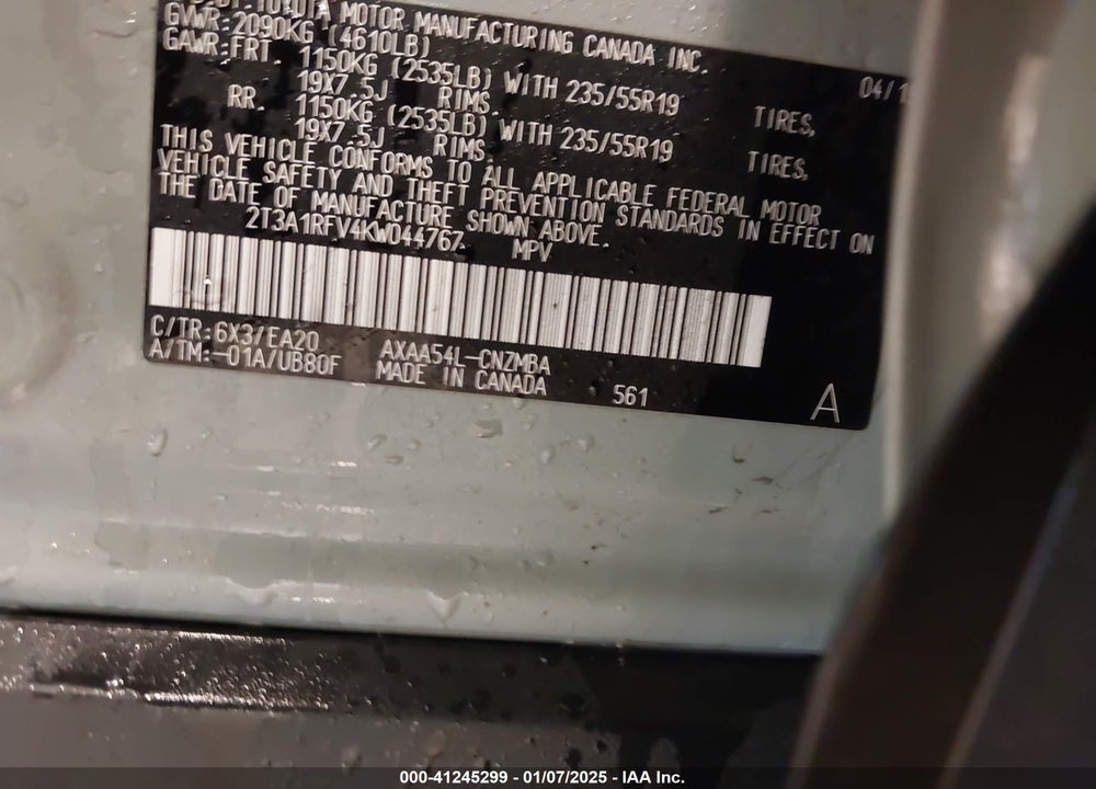 2019 TOYOTA RAV4 XLE PREMIUM VIN: 2T3A1RFV4KW044767
