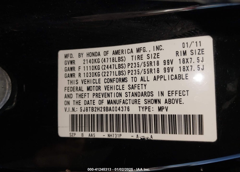 2011 ACURA RDX VIN: 5J8TB2H29BA004376