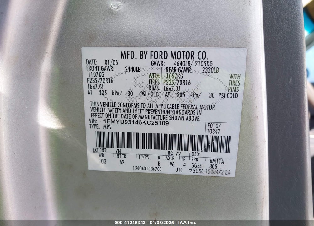 2006 FORD ESCAPE XLT/XLT SPORT VIN: 1FMYU93146KC25109