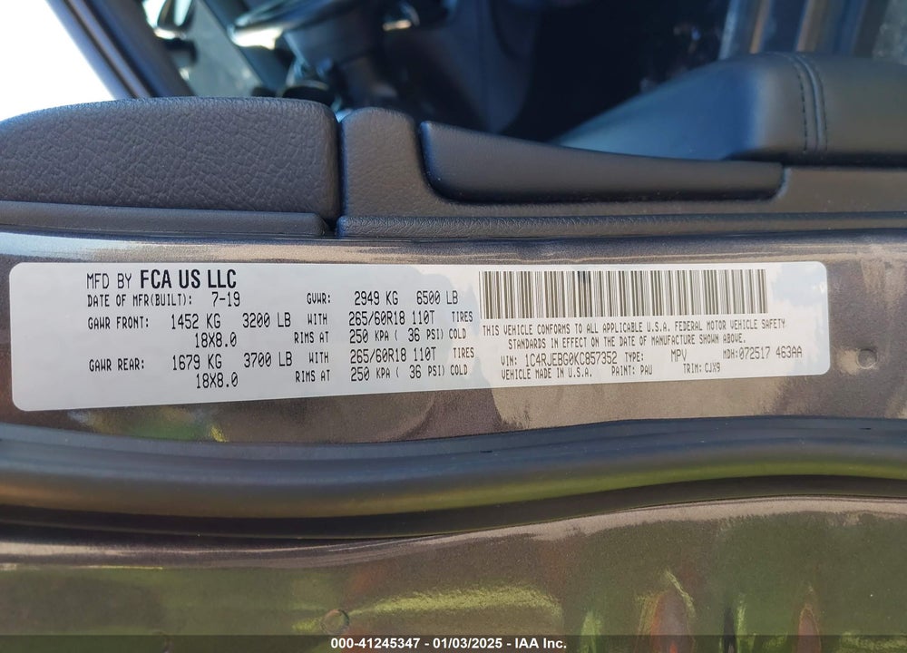 2019 JEEP GRAND CHEROKEE LIMITED 4X2 VIN: 1C4RJEBG0KC857352