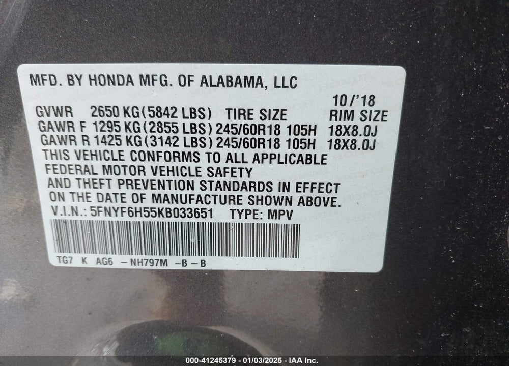 2019 HONDA PILOT EX-L VIN: 5FNYF6H55KB033651