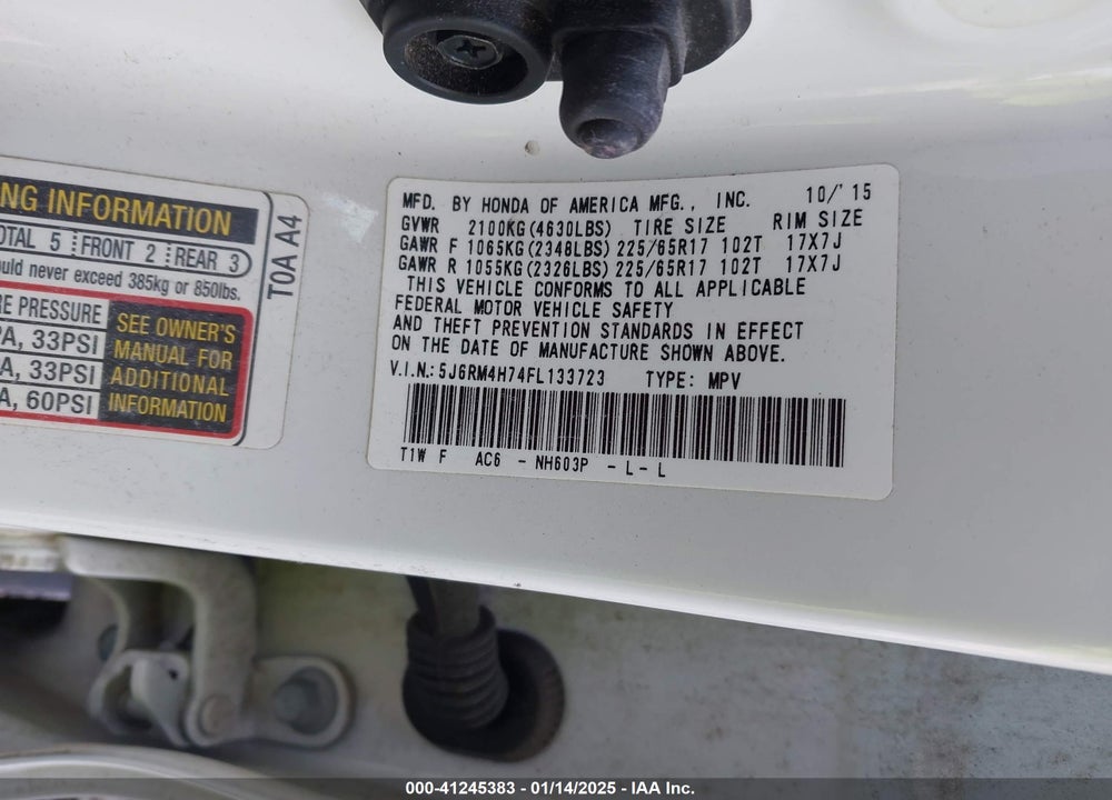 2015 HONDA CR-V EX-L VIN: 5J6RM4H74FL133723