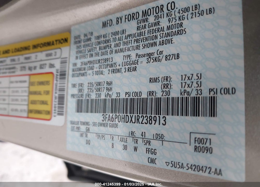 2018 FORD FUSION VIN: 3FA6P0HDXJR238913