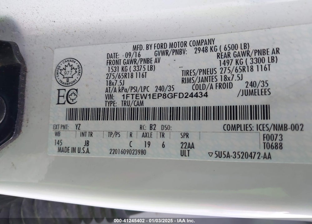2016 FORD F-150 VIN: 1FTEW1EP8GFD24434