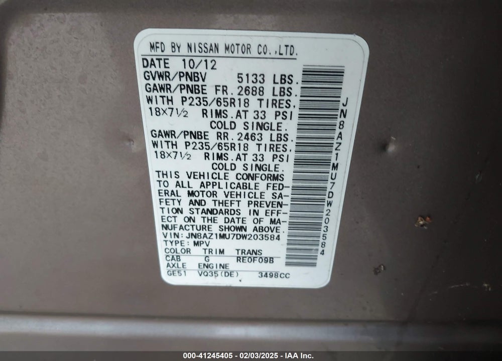 2013 NISSAN MURANO SL VIN: JN8AZ1MU7DW203584