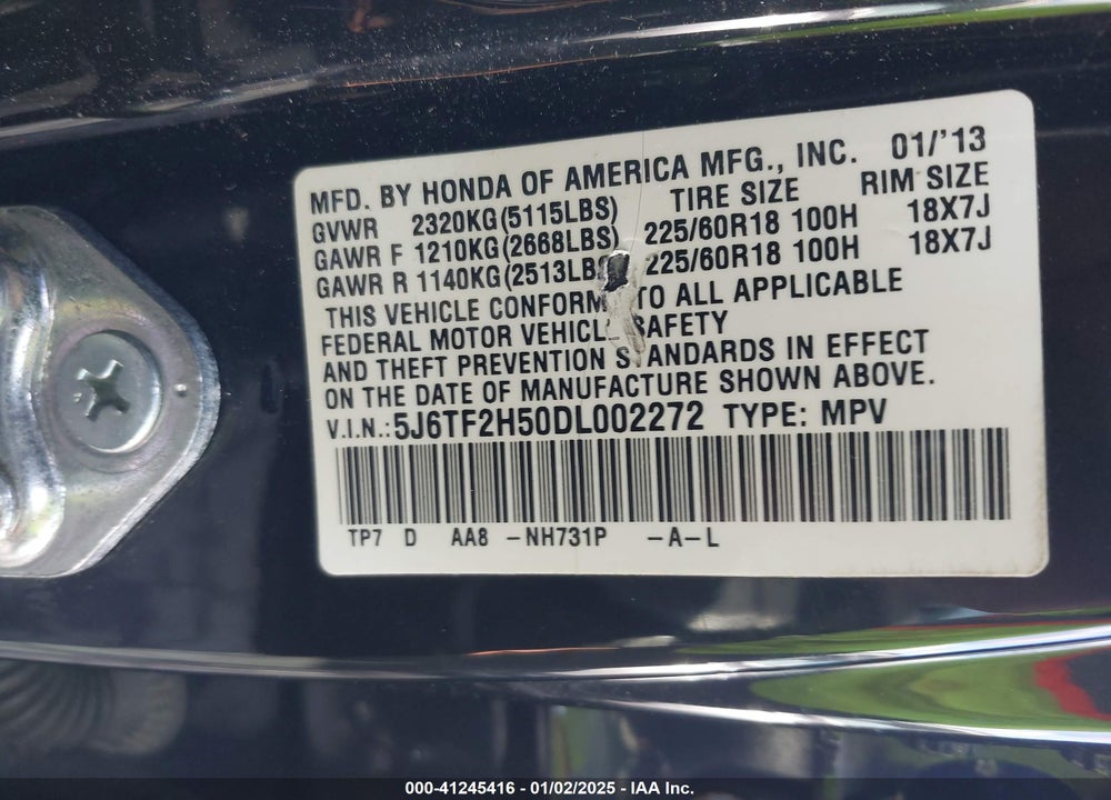 2013 HONDA CROSSTOUR EX-L V6 VIN: 5J6TF2H50DL002272