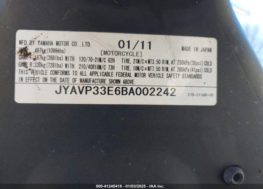 2011 YAMAHA STRYKER VIN: JYAVP33E6BA002242