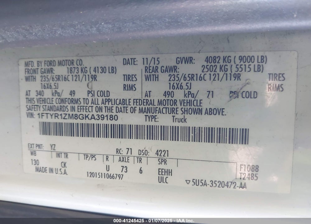 2016 FORD TRANSIT-250 VIN: 1FTYR1ZM8GKA39180
