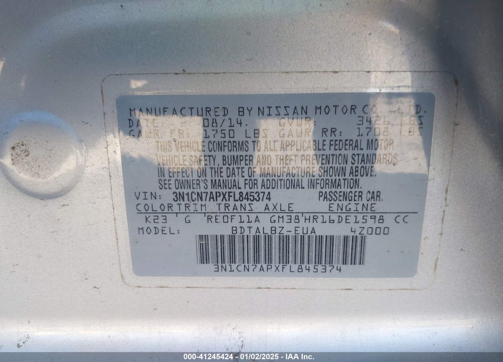 2015 NISSAN VERSA VIN: 3N1CN7APXFL845374