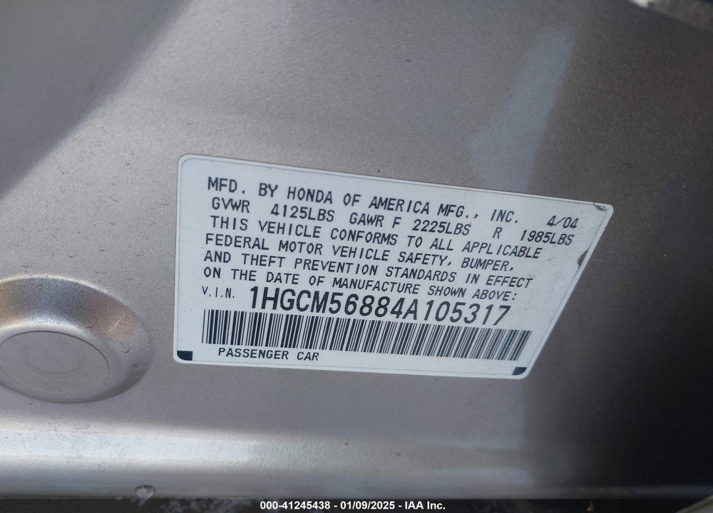 2004 HONDA ACCORD 2.4 EX VIN: 1HGCM56884A105317